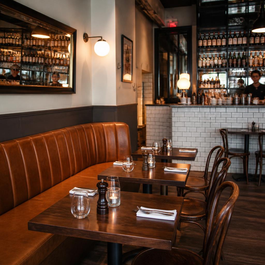Restaurant booth stitching + timber trim