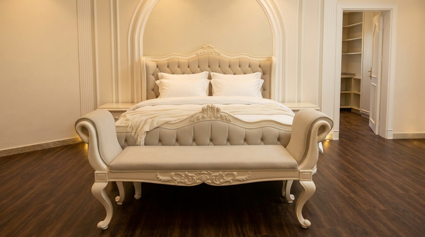 Ivory Tufted Bed & Bench